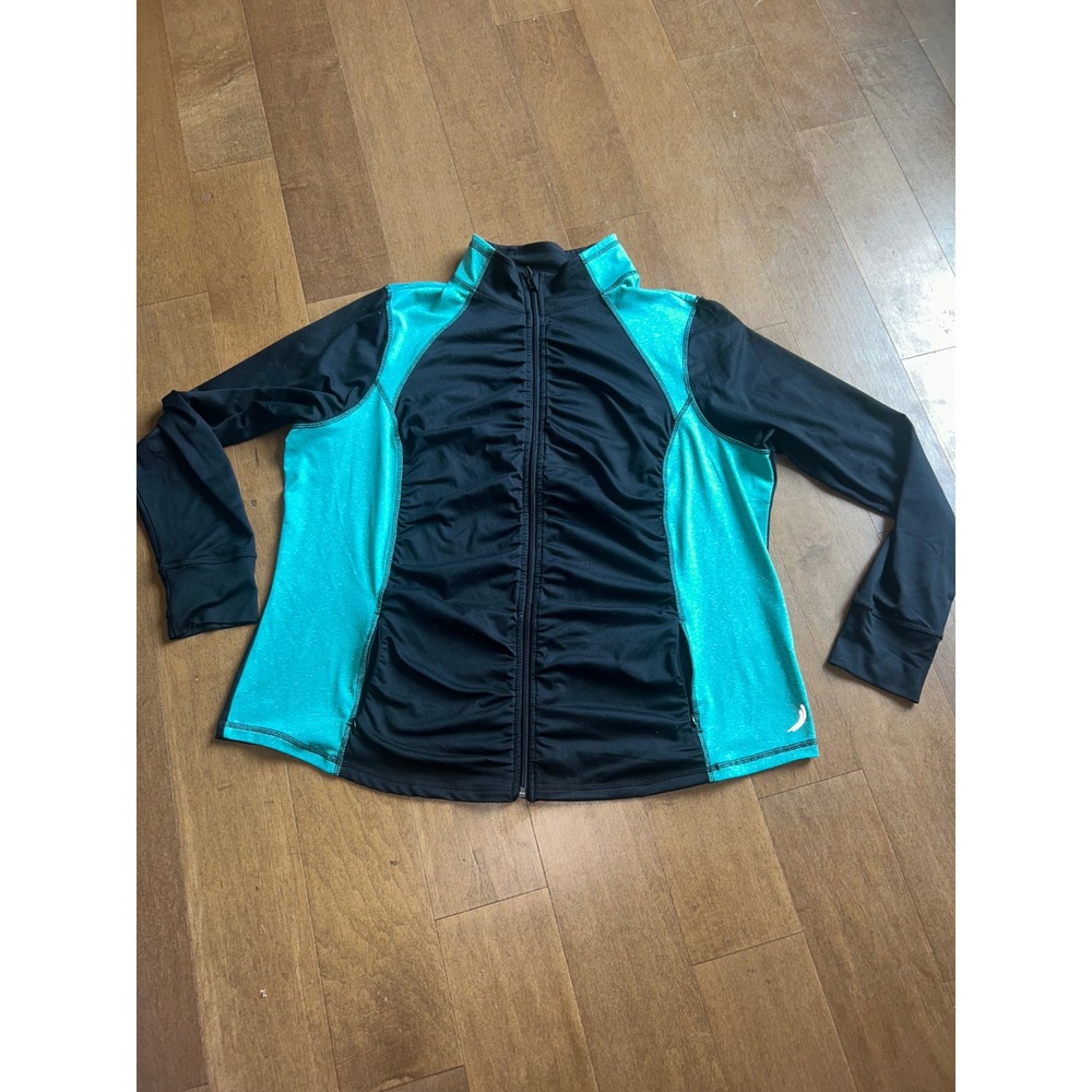 Exertek Women Black Teal Ruched Full Zip Athletic Jacket Size XL